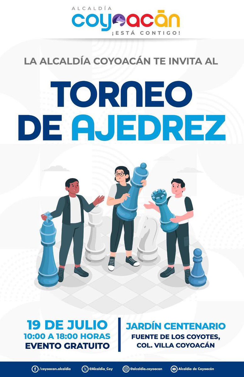 ¿Ya estás practicando tus jugadas? 👑♟Ven a demostrar tu talento en el ¡gran Torneo de Ajedrez!

📅 19 de julio
📍 Jardín Centenario
🆓 Evento gratuito
📝 Regístrate aquí: promotoresdeajedrez.com/torneos/coyoac…

#CoyoacánContigoLoTieneTodo