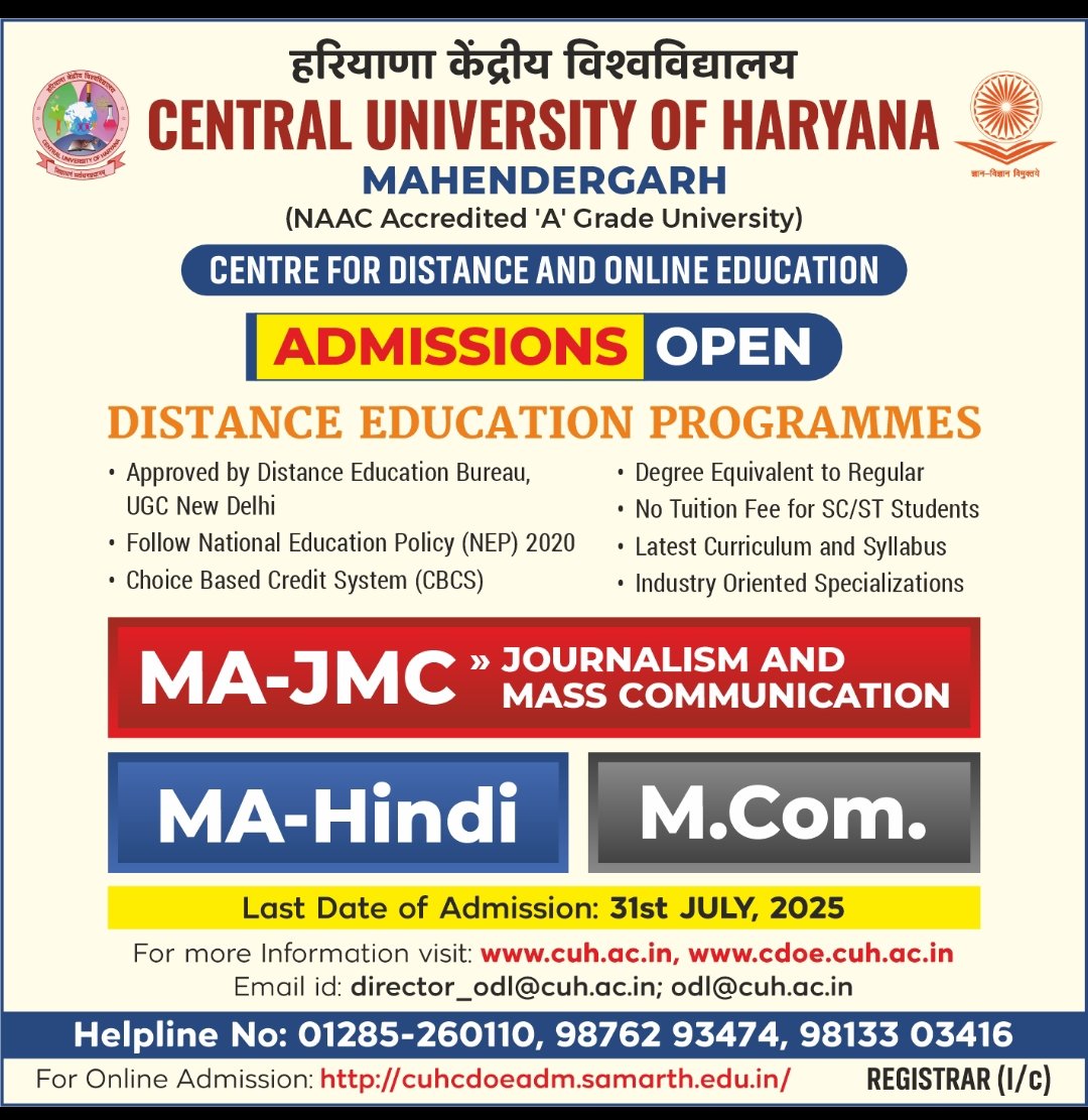 Admissions Open in Centre for Distance and Online Education (CDOE) at Central University of Haryana in MA-JMC, MA-Hindi and M-Com for the July 2025 session.
<a href="/ugc_india/">UGC INDIA</a>
<a href="/EduMinOfIndia/">Ministry of Education</a>