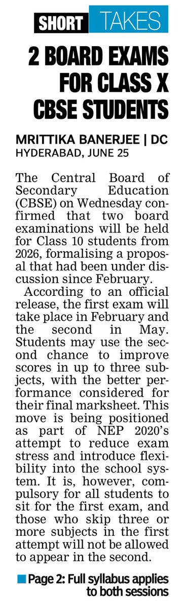 f9today's tweet image. #CBSEClass10 Two board exams for Class X CBSE students; Full CBSE syllabus in 2 sessions, students who fail to clear exam can be admitted to Class XI provisionally.