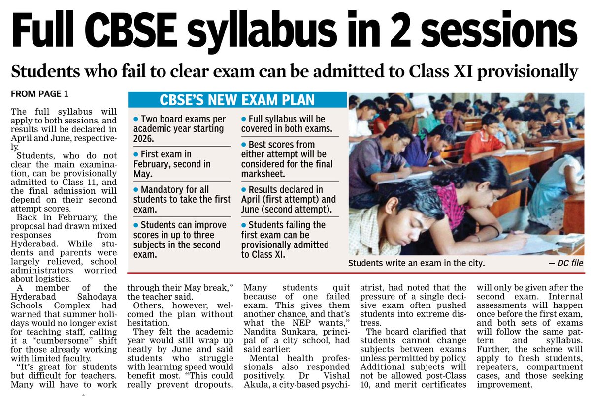 f9today's tweet image. #CBSEClass10 Two board exams for Class X CBSE students; Full CBSE syllabus in 2 sessions, students who fail to clear exam can be admitted to Class XI provisionally.