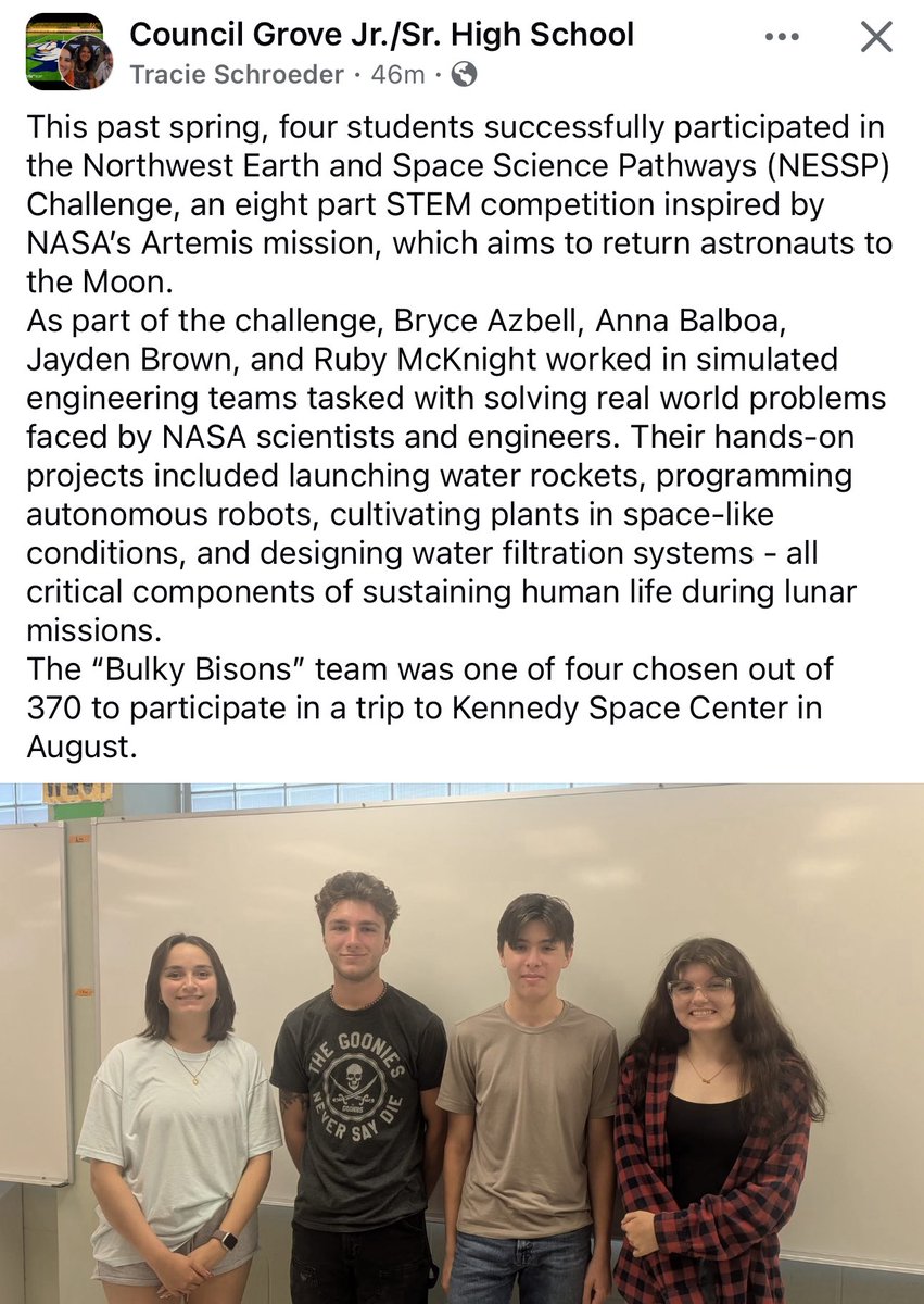 Very proud to be the Superintendent in USD 417 Morris County. We have amazing staff &amp; students doing great work. Just another example of this here. NASA for a week in August!!! Congratulations!!! #BetterTogether417