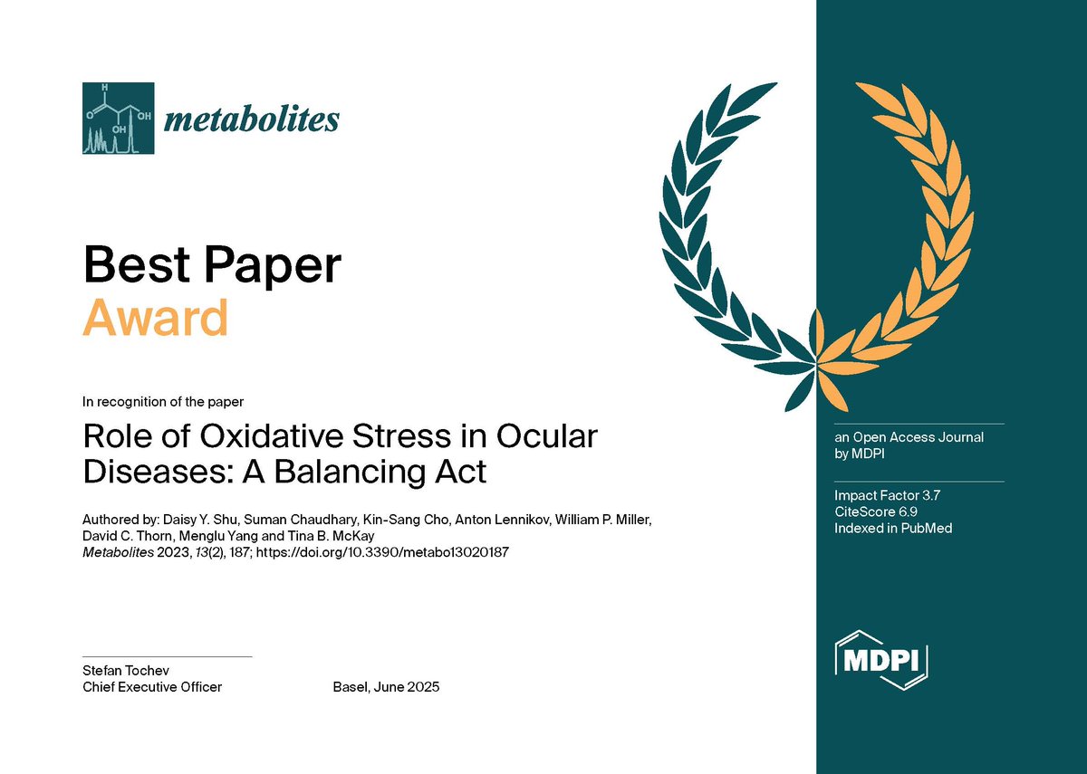 UNSWoptomvsci's tweet image. Congratulations to Dr Daisy Shu on Winning a Best Paper Award!
We are proud to share that Dr Daisy Shu, Scientia Senior Lecturer in our UNSW School of Optometry & Vision Science (SOVS), has received the Best Paper Award from Metabolites for her co-authored review:
"Role of…