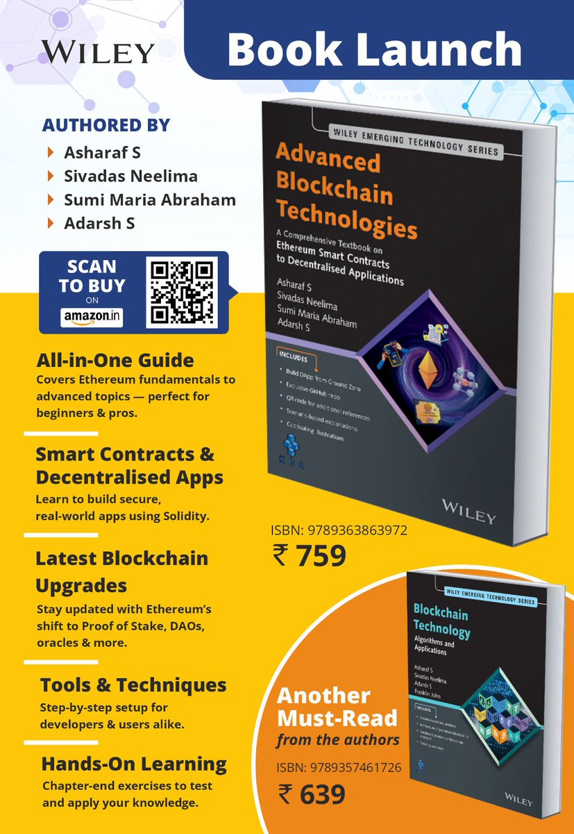 kbaiiitmk's tweet image. New from @kbaiiitmk ! "Advanced Blockchain Technologies: Ethereum Smart Contracts to DApps" by Dr. Asharaf S & team is OUT NOW (@WileyGlobal )! Build DApps from scratch. Get your copy: amzn.in/d/4AgTh43
#BlockchainBook #Ethereum #KBA #WileyPublication