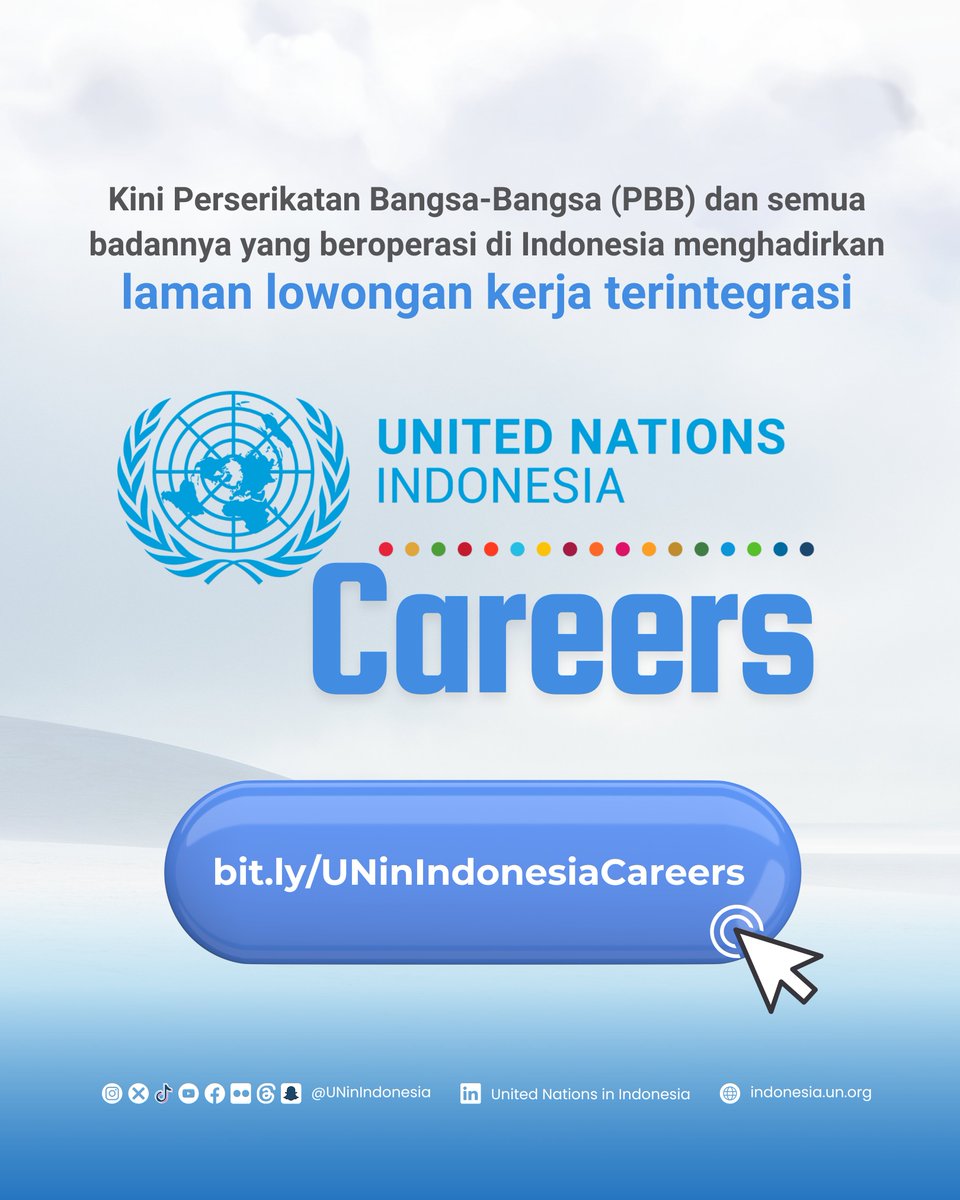 United Nations in Indonesia (@uninindonesia) on Twitter photo 🔍 Cari kerja di badan-badan <a href="/UN/">United Nations</a> di Indonesia? Sekarang semua lowongan tersedia di satu laman terintegrasi!
🌐 bit.ly/UNinIndonesiaC…
#WorkAtUN #WorkForUN #Work4UN #LowonganKerja #Loker #Lowker #LokerCot | <a href="/FAOIndonesia/">FAO Indonesia</a>, <a href="/IFAD/">International Fund for Agricultural Development</a> / <a href="/IFADAsia/">IFAD Asia</a>, <a href="/IndonesiaILO/">ILO Indonesia</a>, <a href="/IOMIndonesia/">IOM Indonesia</a>, 🔍 Cari kerja di badan-badan <a href="/UN/">United Nations</a> di Indonesia? Sekarang semua lowongan tersedia di satu laman terintegrasi!
🌐 bit.ly/UNinIndonesiaC…
#WorkAtUN #WorkForUN #Work4UN #LowonganKerja #Loker #Lowker #LokerCot | <a href="/FAOIndonesia/">FAO Indonesia</a>, <a href="/IFAD/">International Fund for Agricultural Development</a> / <a href="/IFADAsia/">IFAD Asia</a>, <a href="/IndonesiaILO/">ILO Indonesia</a>, <a href="/IOMIndonesia/">IOM Indonesia</a>,
