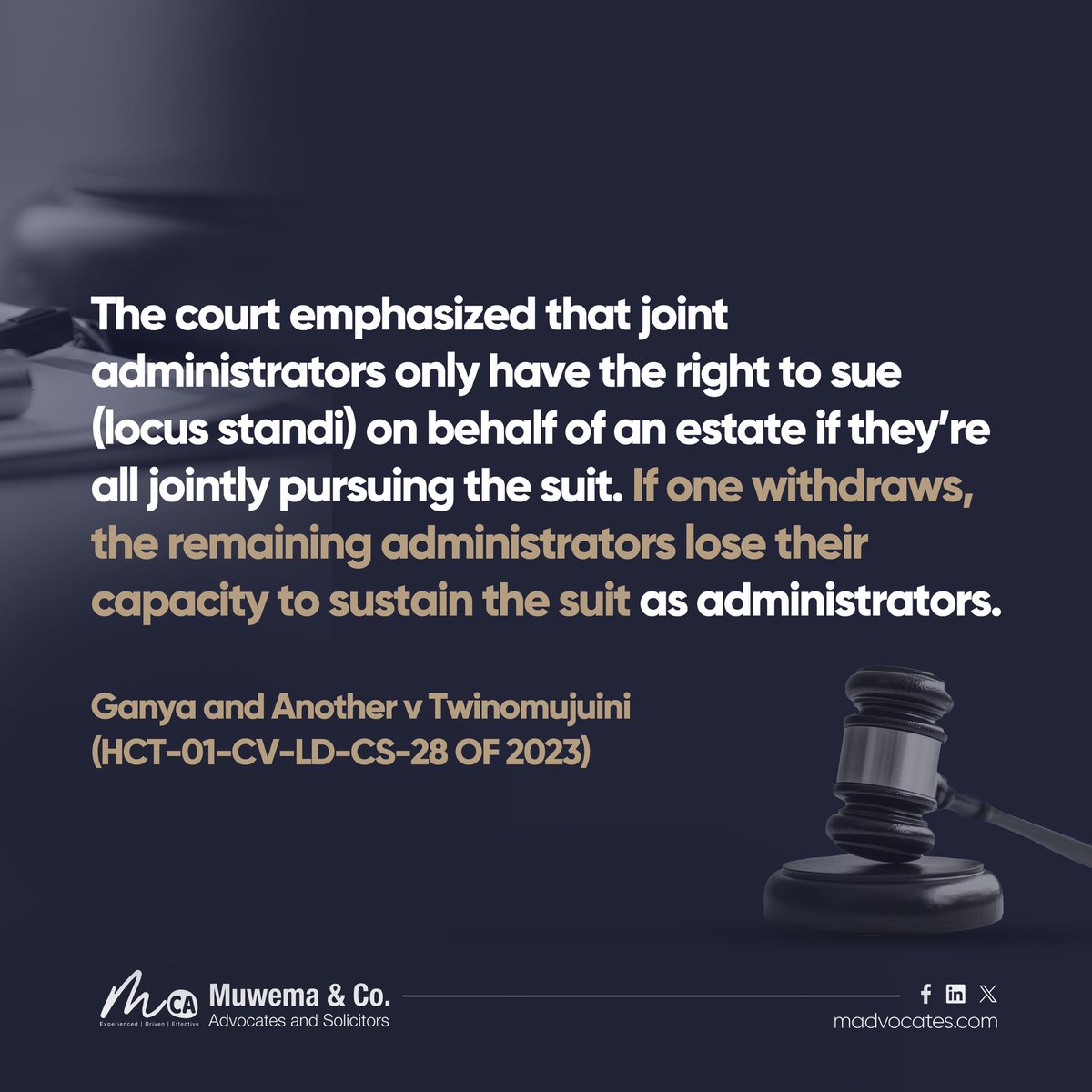 MuwemaLaw's tweet image. A recent High Court decision reiterated that a suit brought by only two out of three administrators, where the grant was issued to three jointly, is "incurably defective" because the administrators must act as one unit.
Learn more: bit.ly/4k0Izey
