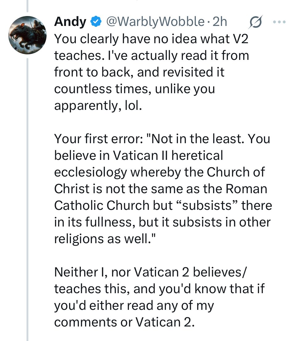 IAltare's tweet image. It’s not often you get a rebutting defeater for argument that exposes it as totally false, but I got one on Andy! See what he wrote about heretical V2 ecclesiology followed by his complete takedown by…Ratzinger and Avery Dulles!! I’m through with this guy now!