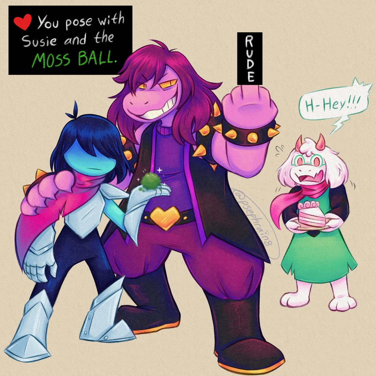 PsephRain8's tweet image. Also doodled this in my free time; all my Deltarune hype had me remembering that I haven’t truly drawn the Fun Gang before!
So I corrected this, appropriately :)
#deltarune #fanart