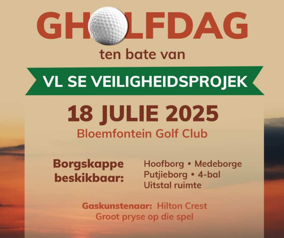 Vrystaat Landbou (@vslandbou) on Twitter photo Op Vrydag, 18 Julie 2025, bied Vrystaat Landbou Ε gholfdag aan by die Bloemfontein Golf Club.
Die fondse wat tydens diΓ© dag ingesamel word, sal aangewend word om landelike veiligheid te verbeter.
Vir meer inligting kontak Elize Spence by 072 567 5629 of spence.elize@gmail.com. Op Vrydag, 18 Julie 2025, bied Vrystaat Landbou Ε gholfdag aan by die Bloemfontein Golf Club.
Die fondse wat tydens diΓ© dag ingesamel word, sal aangewend word om landelike veiligheid te verbeter.
Vir meer inligting kontak Elize Spence by 072 567 5629 of spence.elize@gmail.com.