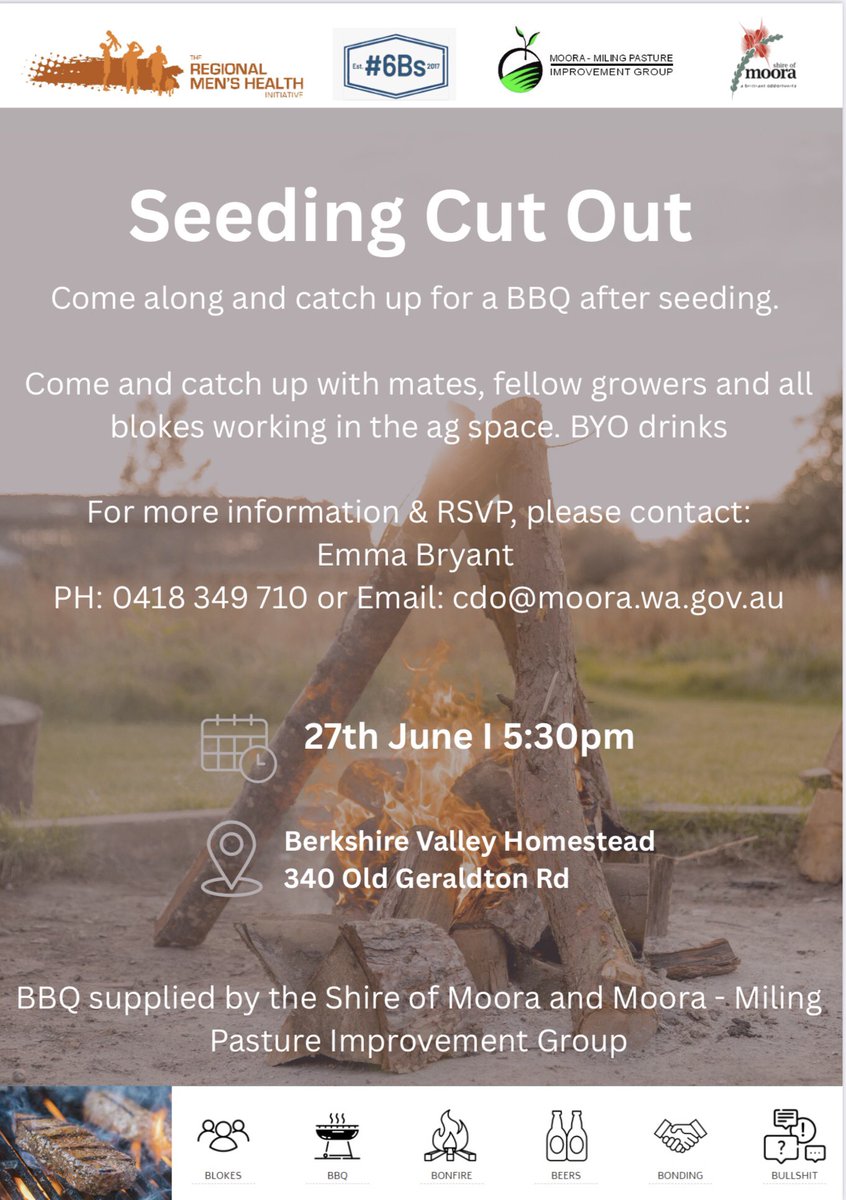 Anyone in and around the Moora area today the Shire of Moora have instigated a #6Bs tonight along with the MMPIG at Berkshire Valley
<a href="/RMHI_4BLOKES/">The Regional Men's Health Initiative</a> will be there and a local is going to share their real lived experience of facing adversity and what they’ve done to overcome it