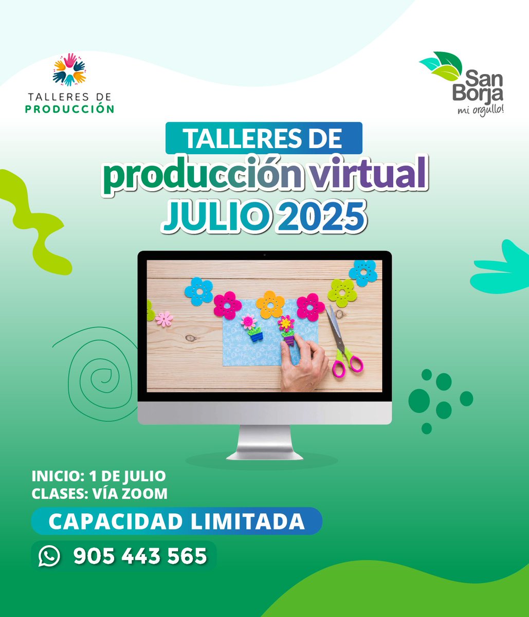 MunideSanBorja's tweet image. ¡Talleres de producción #virtuales para ti! 💪✨

Conoce nuestros horarios e inscríbete hasta el 2 de julio en la Plataforma de Atención ubicada en la 📍Av. Joaquín Madrid 200.