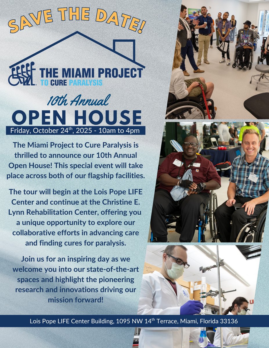 BuonicontiFund's tweet image. Save the Date for the 10th Annual Miami Project Open House.
On Friday, October 24 from 10-4 we will feature research the Lois Pope LIFE Center and the Christine Lynn Rehabilitation Center.
Stay tuned for more information.
#TheMiamiProject #LifeChangingScience #UMiamiMedicine