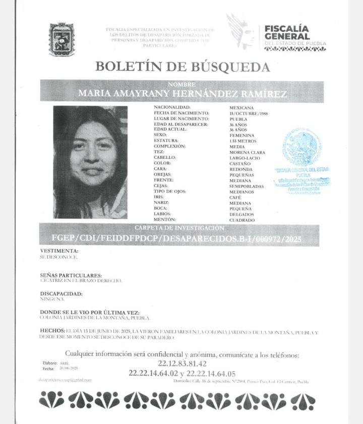 sintesisweb's tweet photo. 🚨 Se solicita su apoyo para localizar a María Amayrany Hernández Ramírez
🗓️ Última vez vista: 15 de junio de 2025
📍Lugar: Jardines de la Montaña, Puebla
📞 Cualquier información será de gran ayuda.
Por favor, comuníquese con las autoridades o al número que corresponda. https://t.co/jgkpVkRpgp