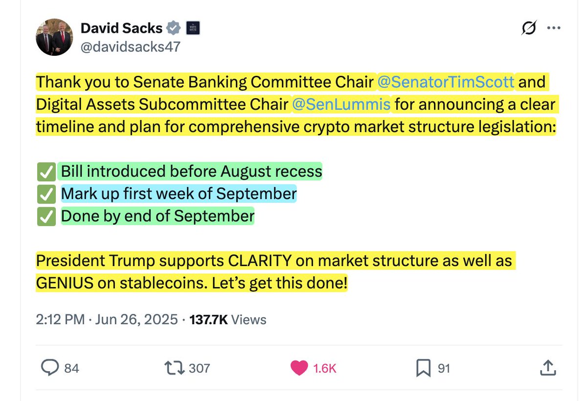 AltcoinDaily's tweet photo. 🇺🇸 Crypto Czar @DavidSacks says: "July will be a big month, with a bill signing for GENIUS, and CLARITY going to the Senate!" https://t.co/WTYUBUTmPn