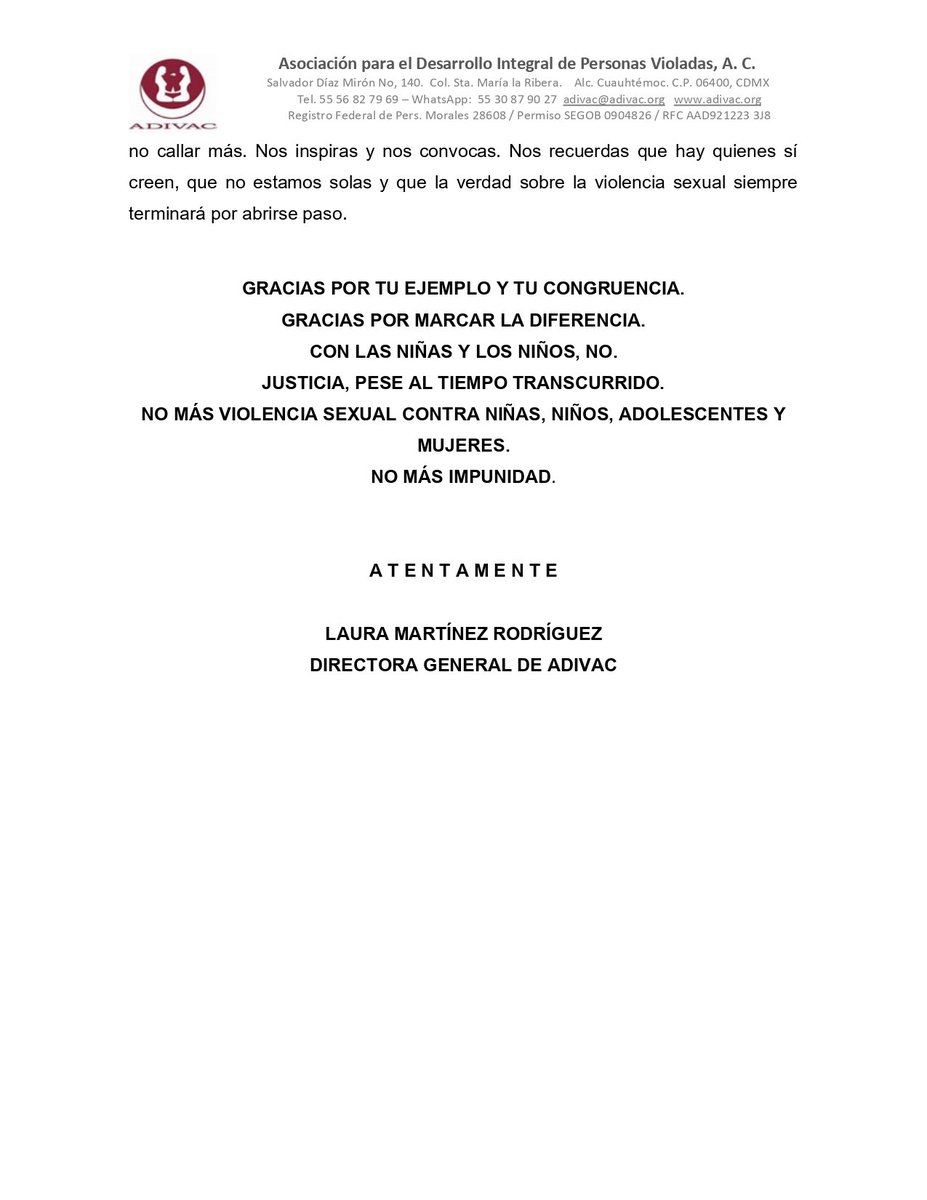 ADIVACMEXICO's tweet image. Hoy, honramos la lucha de @SashaSokol y de todas quienes han vivido violencia sexual. En un país donde denunciar sigue siendo revictimizante y extenuante Ella alzó la voz, enfrentó al poder y logró una sentencia histórica. #ConLasNiñasNo #ViolenciaSexual #ADIVAC #NoMásImpunidad