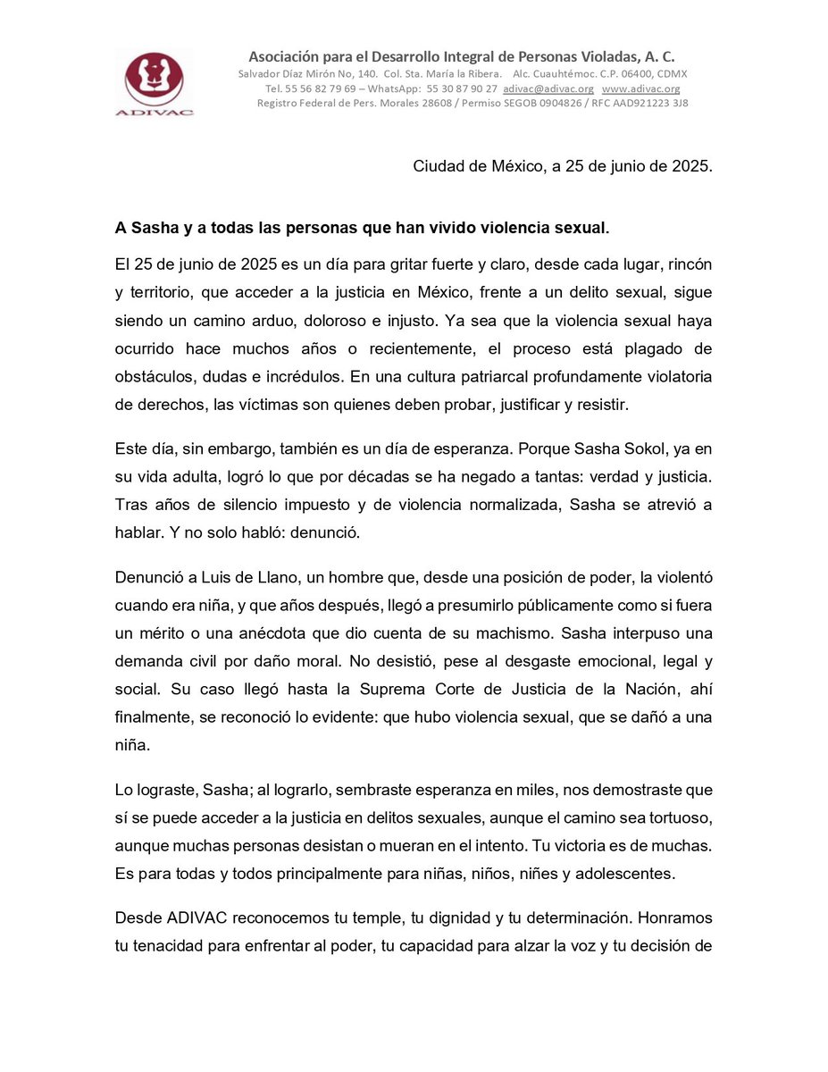 ADIVACMEXICO's tweet image. Hoy, honramos la lucha de @SashaSokol y de todas quienes han vivido violencia sexual. En un país donde denunciar sigue siendo revictimizante y extenuante Ella alzó la voz, enfrentó al poder y logró una sentencia histórica. #ConLasNiñasNo #ViolenciaSexual #ADIVAC #NoMásImpunidad