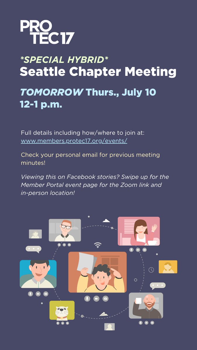 PTE17's tweet image. PROTEC17 Seattle Chapter members! Don't forget to join our *SPECIAL HYBRID* chapter meeting TOMORROW Thurs., July 10 at 12 p.m. You can join us virtually OR in-person! π€©
Full details and links in your email and on the Member Portal events page (members.protec17.org).