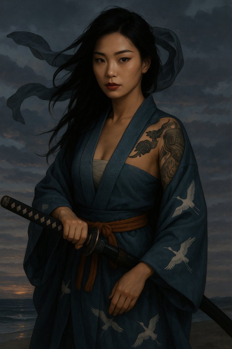 "Katana &amp; Silk"

In twilight's hush, she leans with grace,
Steel at her hip, fire in her face.
A storm wrapped soft in silken blue,
With inked-on tales the flesh once knew.Tattooed whispers on dusky skin,
Each curve a secret held within.
A warrior’s calm, a siren’s lure,
A blade