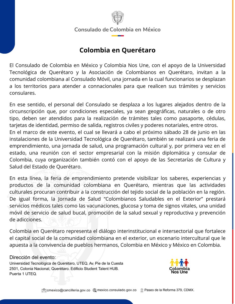 Este sábado 28 de junio te esperamos en #Querétaro. 

#Comunicado #jornadaconsularmóvil #colombianosenmexico🇨🇴🇲🇽