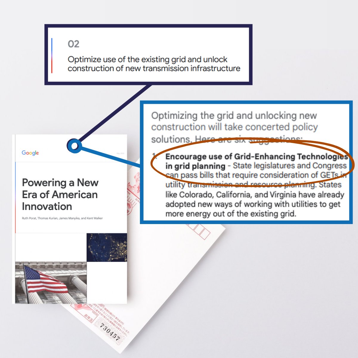 WATTCoalition's tweet image. Number one recommendation from @googlepubpolicy to optimize use of our existing energy grid to build a “new era of American innovation and growth” = “Encourage use of Grid Enhancing Technologies in grid planning.” #GETs #GETTheGridMoving
