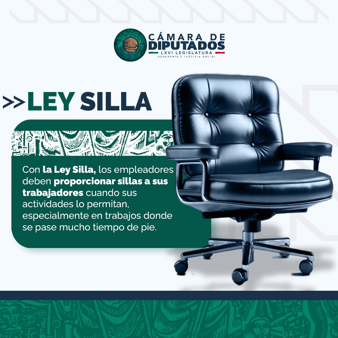 Mx_Diputados's tweet photo. 🪑 Las y los diputados aprobamos la #LeySilla. Ahora los empleadores deberán proporcionar sillas a sus trabajadores para que puedan descansar cuando sus actividades se lo permitan. Especialmente cuando pasen mucho tiempo de pie. https://t.co/dVkZsZT4H1