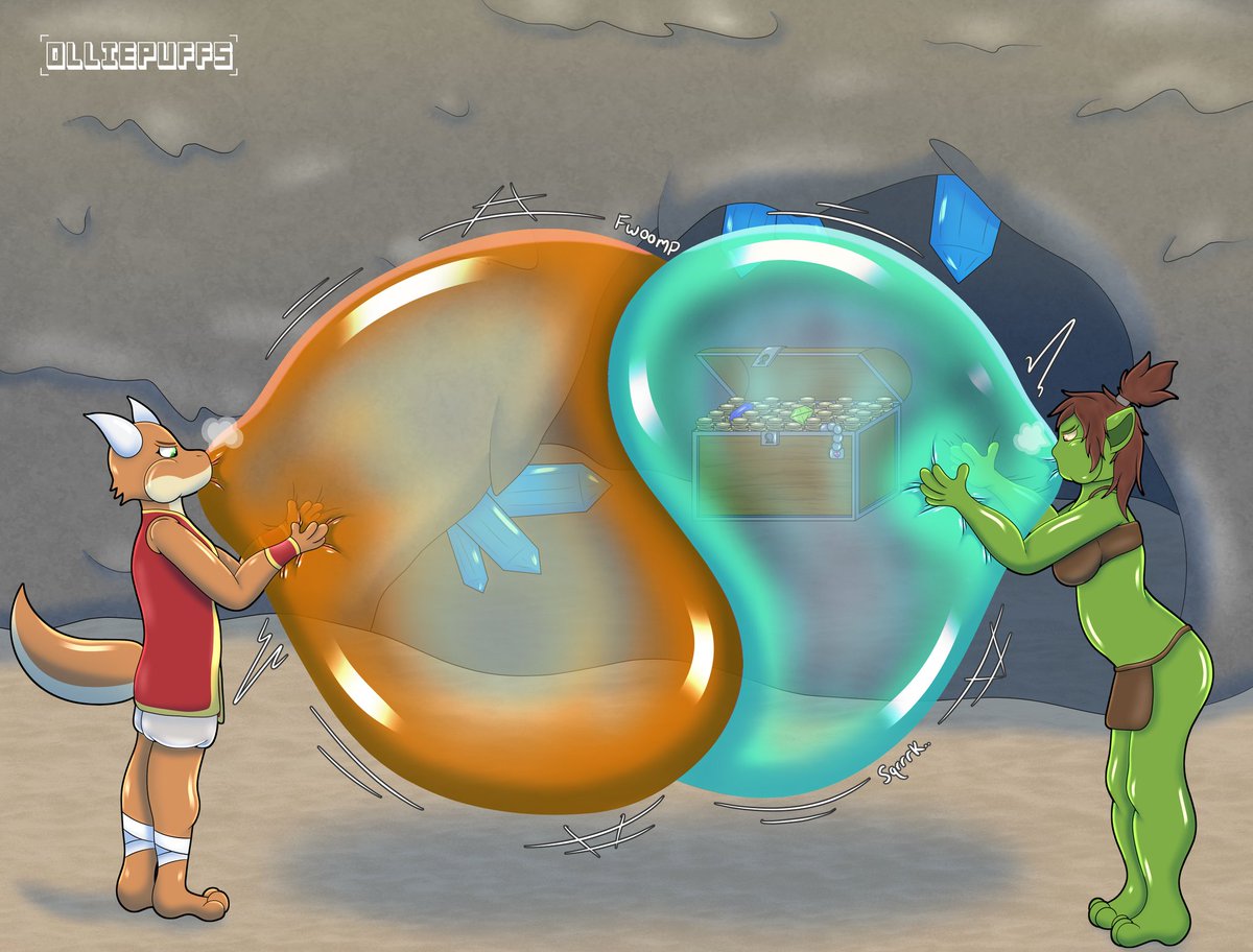 Zrail wanted that loot , but the goblin challenge her to a balloon blow battle, little gift for friend

(Zrail, friend)

Commission by <a href="/OlliePuffs/">Lumi Snep 🐱🎈 - YCH OPEN!</a>