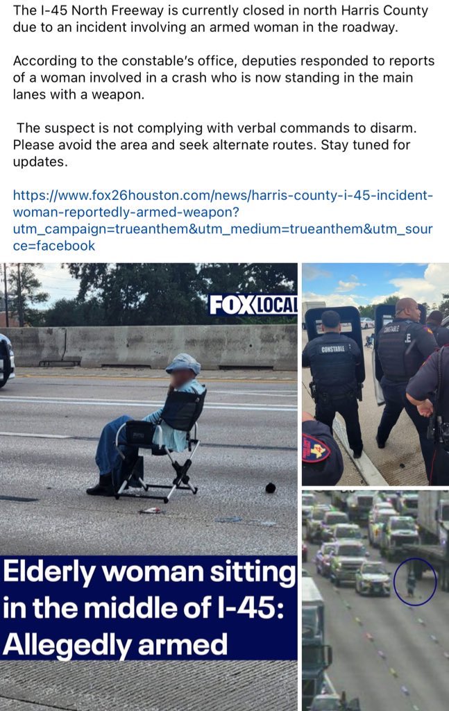 MrRTDB936's tweet image. Wow. I have breaking insider news about the granny blocking I-45. Sources are saying she is protesting Texas State joining the PAC-12! Story is still developing! #GroupOfFive #SWT #TakeBackTexas