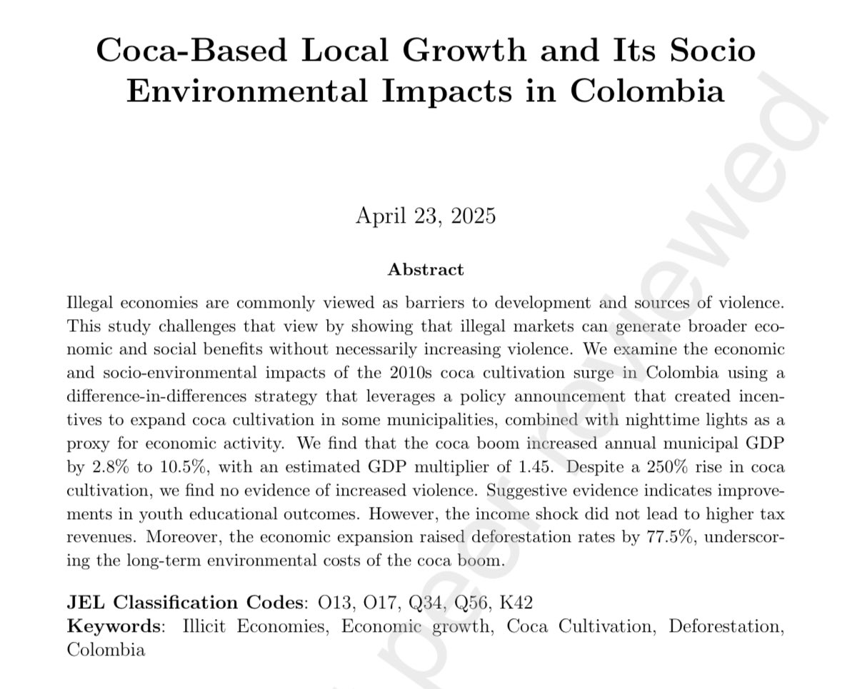 Además de las causas, siendo la demanda global de más de 23 millones de consumidores una de las principales, hay que pensar en las consecuencias. En este trabajo, evaluamos los impactos económicos, sociales y ambientales del boom cocalero hasta el 2019.
papers.ssrn.com/sol3/papers.cf…
