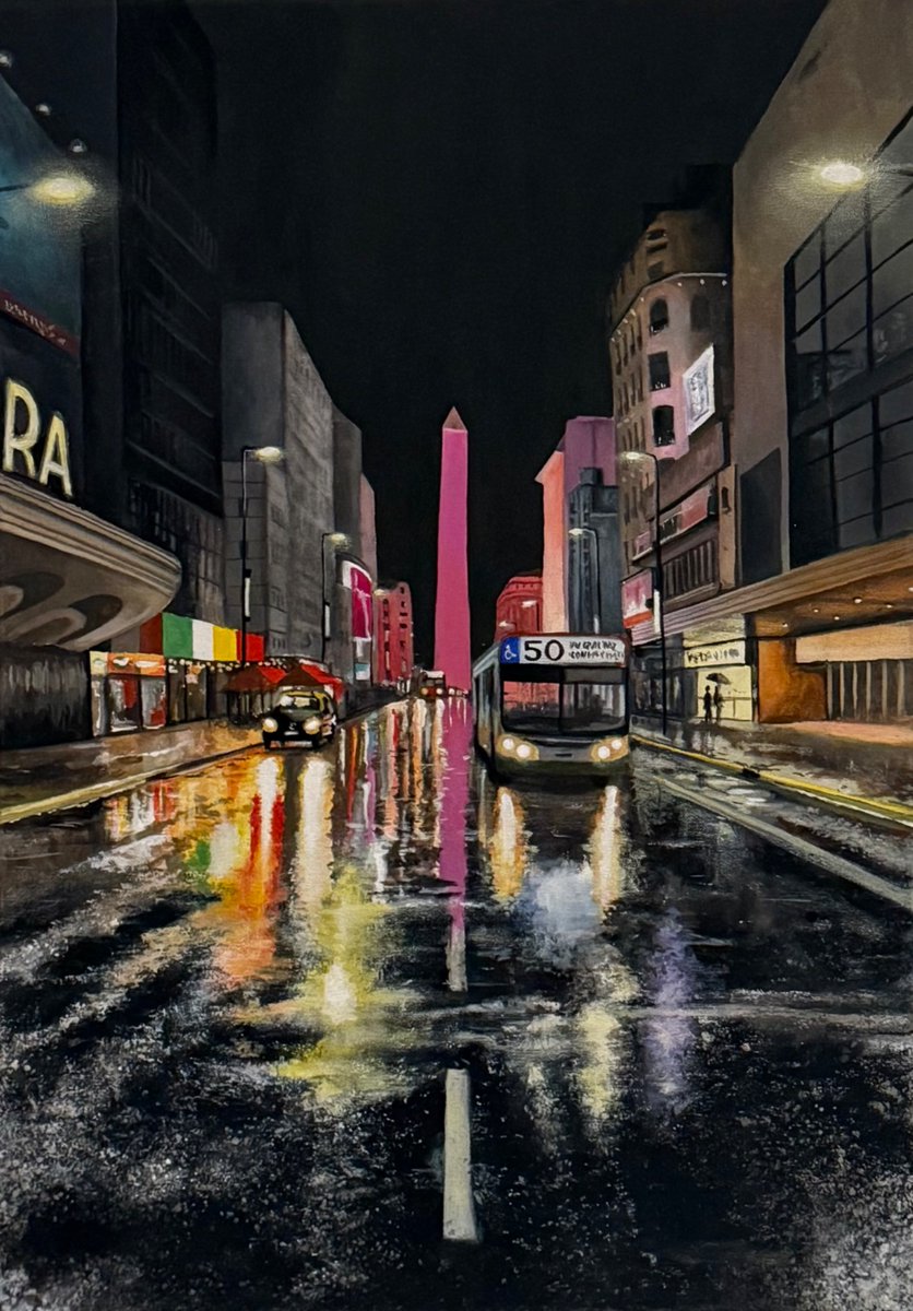 Pinté Avenida Corrientes con lluvia
