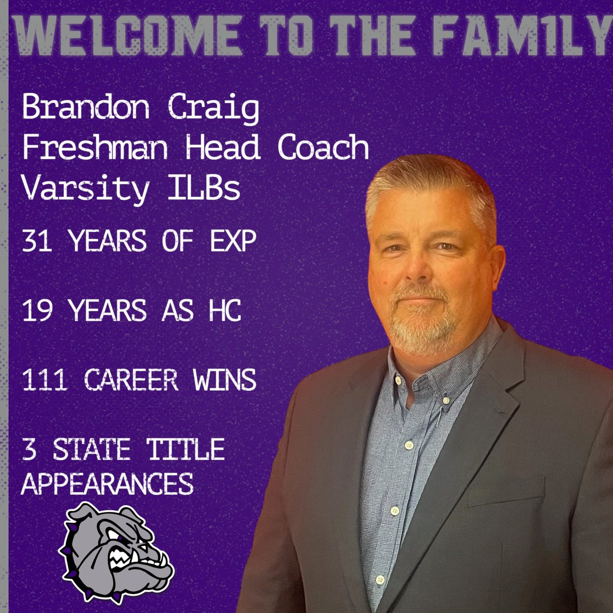 FHS Football is excited to announce the addition Coach Brandon Craig! He brings a wealth of knowledge and experience and will be a big time addition for our kids, staff, and school! #FAM1LY #PurpleReign
