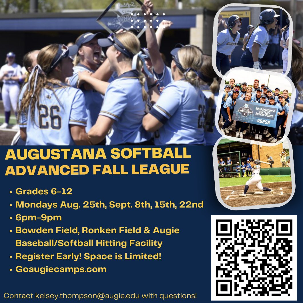 AugieSoftball's tweet image. Grades 6-12! Join us for our Monday night advanced fall league! High level skill work, variety of front toss scrimmages & controlled live scrimmages all in one night! Register today at augustanasoftballcamps.totalcamps.com