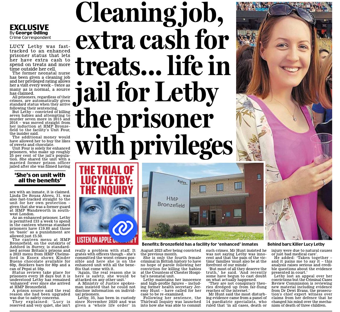 odlinggeorge's tweet image. EXCLUSIVE: Lucy Letby was fast-tracked to enhanced prisoner status that allows her to have extra cash to spend on treats like sweets and chocolate and more time away from her cell