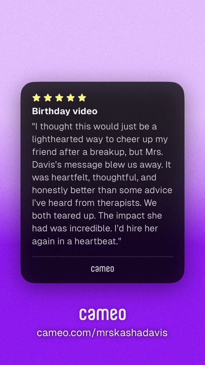 KashaDavis's tweet image. I LOVE making @BookCameo messages✨✨✨ Book yours today v.cameo.com/e/r8S20WOJwUb