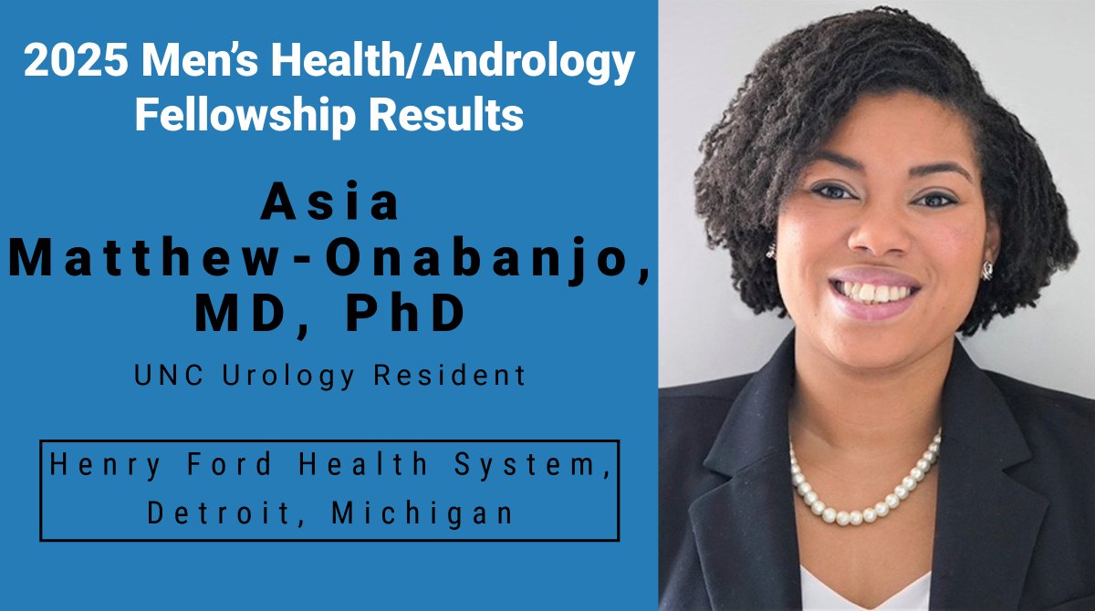 Urology@UNC (@uncurology) on Twitter photo So proud of <a href="/AsiaOnabanjo/">Asia Matthew-Onabanjo, MD, PhD</a> for matching into the Men’s Health/Andrology Fellowship at <a href="/HenryFordHealth/">Henry Ford Health</a>! From groundbreaking research in prosthetic urology to compassionate patient care, she’s already changing the game. Detroit is lucky. 💙
ow.ly/102650WhcKB So proud of <a href="/AsiaOnabanjo/">Asia Matthew-Onabanjo, MD, PhD</a> for matching into the Men’s Health/Andrology Fellowship at <a href="/HenryFordHealth/">Henry Ford Health</a>! From groundbreaking research in prosthetic urology to compassionate patient care, she’s already changing the game. Detroit is lucky. 💙
ow.ly/102650WhcKB
