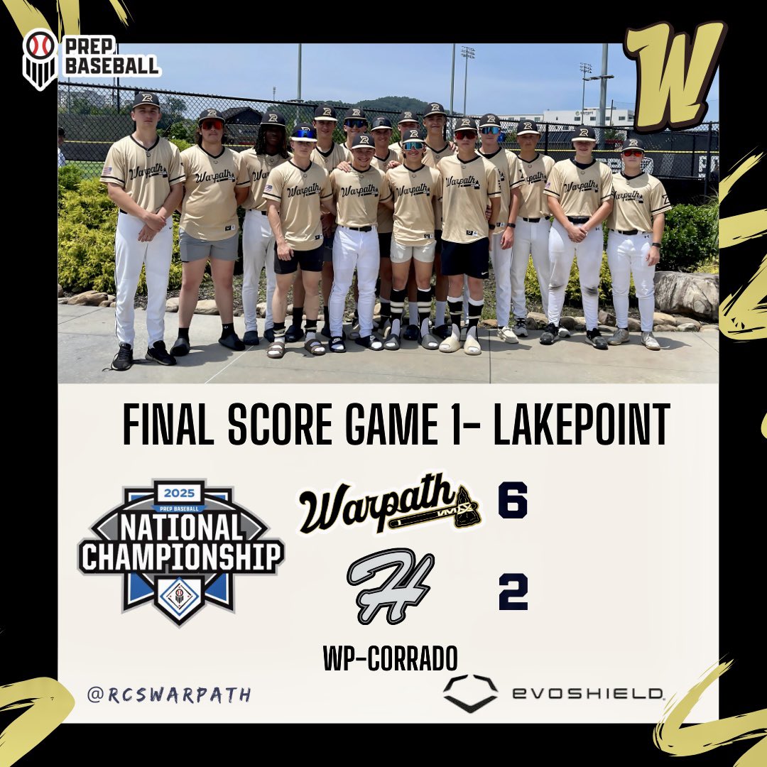 🔥Day 1 W at the Prep Baseball 16U Nationals in LakePoint!🔥

RCS Warpath 16U Gold opened the tournament with a gritty win in a classic pitcher’s duel.

Freddy Corrado (Hazleton) was dominant on the mound, going 5 innings with 6 Ks, 2 hits, and just 1 run allowed.