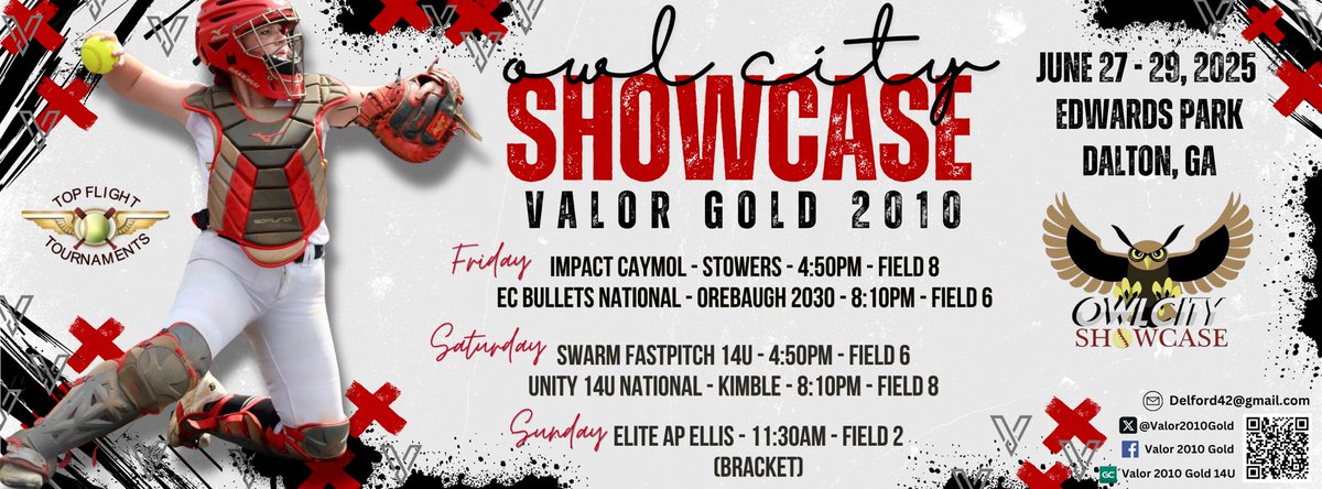 Valor 2010 Gold (@valor2010gold) on Twitter photo It’s Almost Game Day!!! 🎉
🗓️ June 27-29, 2025
🏟️ Edwards Park
📍Dalton, GA
⏰ All games Eastern Time Zone
<a href="/AbigailHughley/">Abigail Hughley</a> <a href="/lailaajefferson/">Laila Jefferson</a> <a href="/CarleeR2028/">Carlee Ritchey</a> <a href="/JadaBoston2028/">Jada Boston</a> <a href="/KaitlynnKat2028/">Kaitlynn Cunningham</a> <a href="/TyMaddox2029/">Tyrhianna Maddox</a> <a href="/MaddynT2028/">Maddyn Terry</a> <a href="/LJohnson2028/">Laney Johnson</a> <a href="/MadarisRos96369/">Allie Rose Madaris</a> <a href="/EmmersonBr20459/">Emmerson Bradshaw</a> It’s Almost Game Day!!! 🎉
🗓️ June 27-29, 2025
🏟️ Edwards Park
📍Dalton, GA
⏰ All games Eastern Time Zone
<a href="/AbigailHughley/">Abigail Hughley</a> <a href="/lailaajefferson/">Laila Jefferson</a> <a href="/CarleeR2028/">Carlee Ritchey</a> <a href="/JadaBoston2028/">Jada Boston</a> <a href="/KaitlynnKat2028/">Kaitlynn Cunningham</a> <a href="/TyMaddox2029/">Tyrhianna Maddox</a> <a href="/MaddynT2028/">Maddyn Terry</a> <a href="/LJohnson2028/">Laney Johnson</a> <a href="/MadarisRos96369/">Allie Rose Madaris</a> <a href="/EmmersonBr20459/">Emmerson Bradshaw</a>