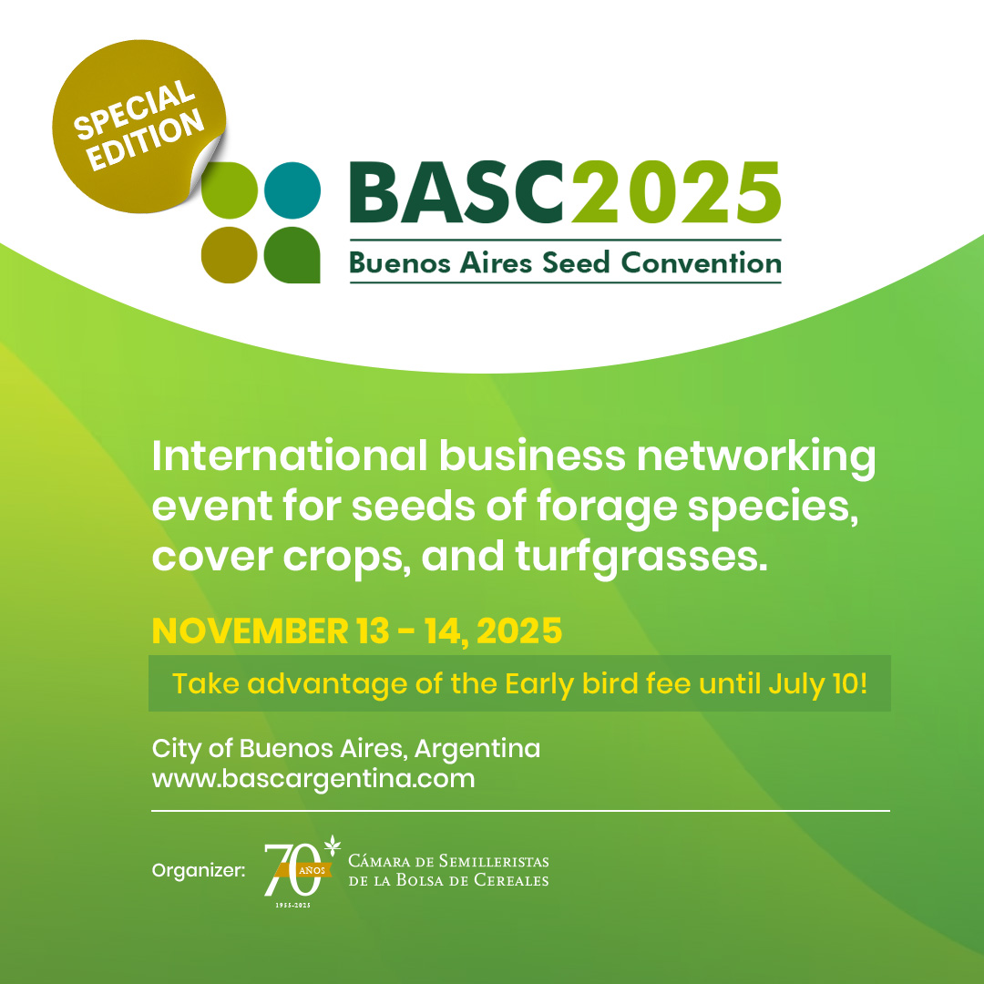 🟢¡Novedad! Hasta el 10/07, el 4to delegado de una empresa recibirá una bonificación del 30% en su arancel de inscripción. ¡Sume a su equipo a la edición especial de BASC!
Inscríbase en: bascargentina.com

#BASeedConvention25
#Seeds #ForageSpecies #CoverCrops #Turfgrasses