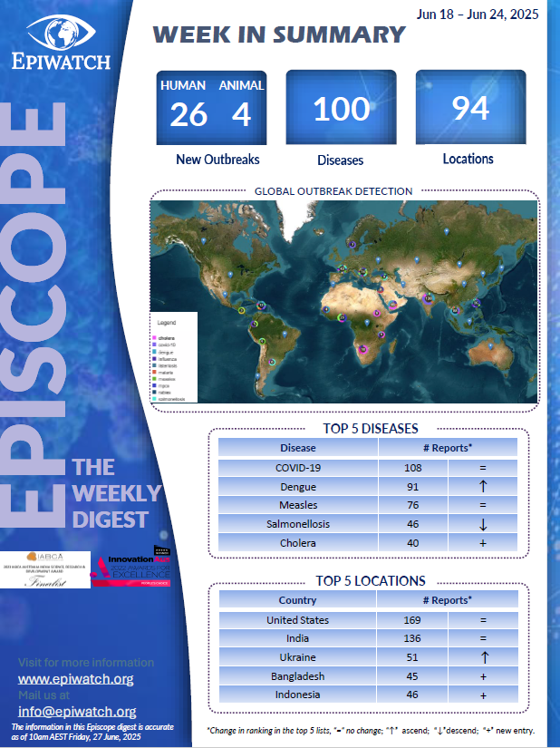 EPIWATCH_bsp's tweet photo. (18 - 24 June) The EPIWATCH team reviews global outbreaks daily and provides you with a summary every week. This week, we cover four #unknown outbreaks in Russia, USA, Peru and Ecuador, and we provide an update on the #salmonella #infantis outbreak that has now spread to Luxembourg and the Czech Republic.