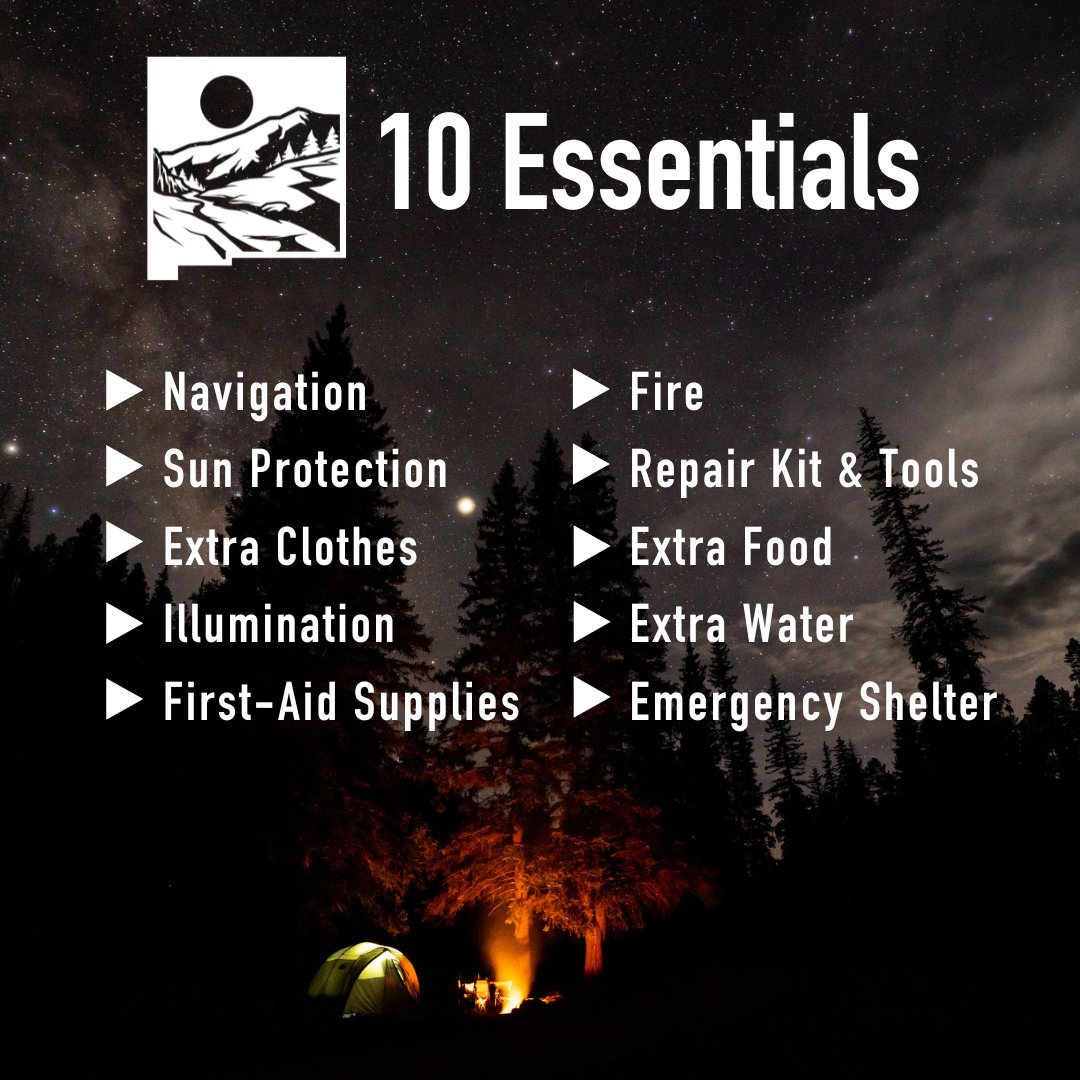 NMoutdoorrec's tweet image. Before heading out, be sure to pack the 10 Essentials, these items help you stay safe, hydrated, and prepared for the unexpected. Even on short hikes, a little preparation goes a long way! Learn more at nps.gov/articles/10ess… 

#OutdoorSafety #HikeSmart #NMOutdoorRec #NewMexico