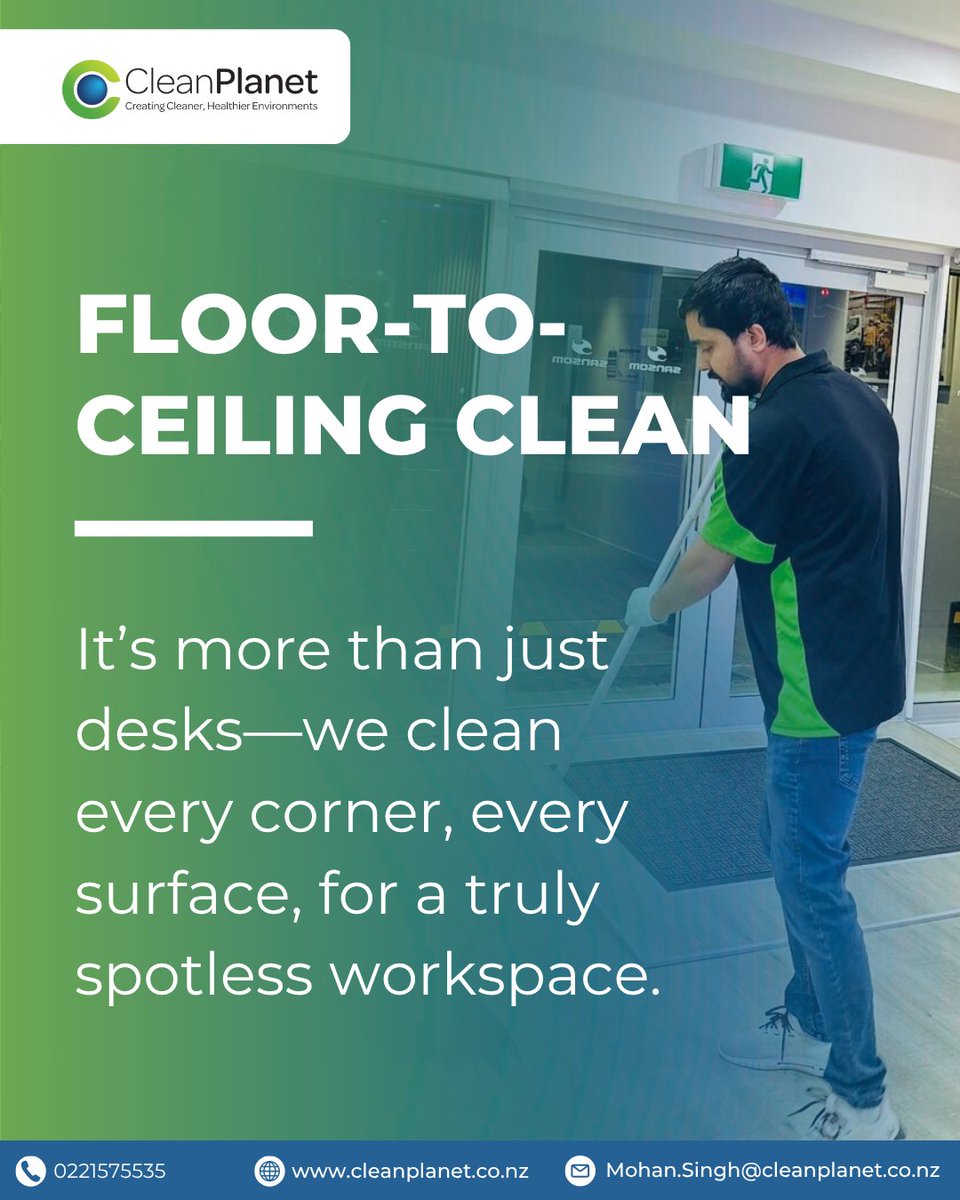cleanplanetwell's tweet image. "We don’t just clean desks. From ceilings to floors, we deliver thorough coverage to every inch of your workspace. "

.

#CompleteClean #OfficeShineNZ #CleanPlanetWellington #TopToBottomCare #BusinessCleanliness