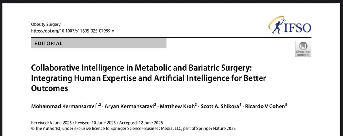 rvcohen's tweet image. 🚨 New in Obesity Surgery:
Can AI + human expertise improve bariatric surgery?
Yes—through Collaborative Intelligence (CI). CI merges AI’s speed with surgeons’ judgment for better outcomes, training, and ethics.
Must-read editorial 👉 doi.org/10.1007/s11695…