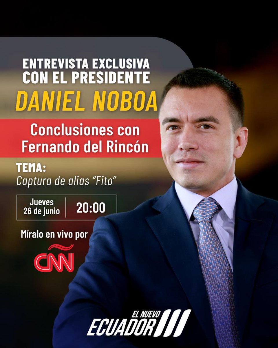 Presidencia Ecuador 🇪🇨 (@presidencia_ec) on Twitter photo Conéctate a la entrevista del presidente <a href="/DanielNoboaOk/">Daniel Noboa Azin</a> con Fernando del Rincón, por <a href="/CNNEE/">CNN en Español</a>.
#ElNuevoEcuador Conéctate a la entrevista del presidente <a href="/DanielNoboaOk/">Daniel Noboa Azin</a> con Fernando del Rincón, por <a href="/CNNEE/">CNN en Español</a>.
#ElNuevoEcuador