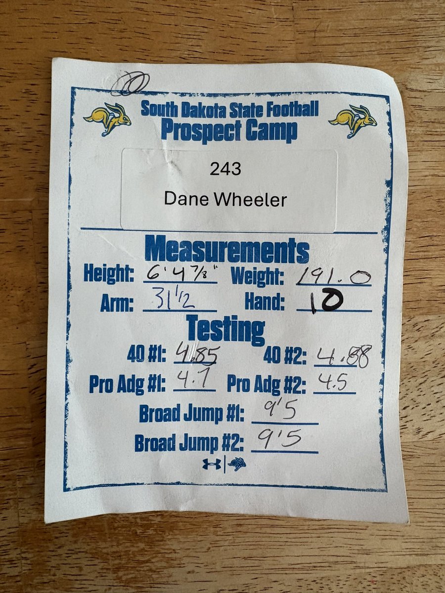 Dane Wheeler (@wheelerdane10) on Twitter photo Had an amazing time competing at <a href="/GoJacksFB/">SDSU Football</a> and <a href="/DordtFB/">Dordt Football</a> camps! Here are my testing results! Had an amazing time competing at <a href="/GoJacksFB/">SDSU Football</a> and <a href="/DordtFB/">Dordt Football</a> camps! Here are my testing results!
