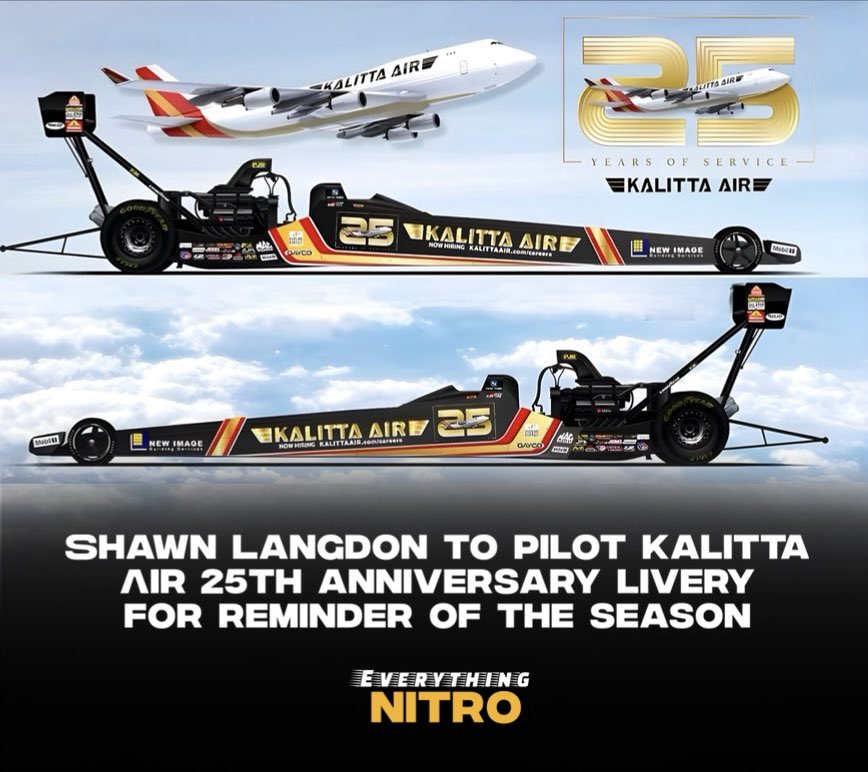 Kalitta Motorsports to debut their Kalitta Air 25th Anniversary scheme on Shawn Langdon’s Top Fuel Dragster this weekend in Norwalk! ✈️