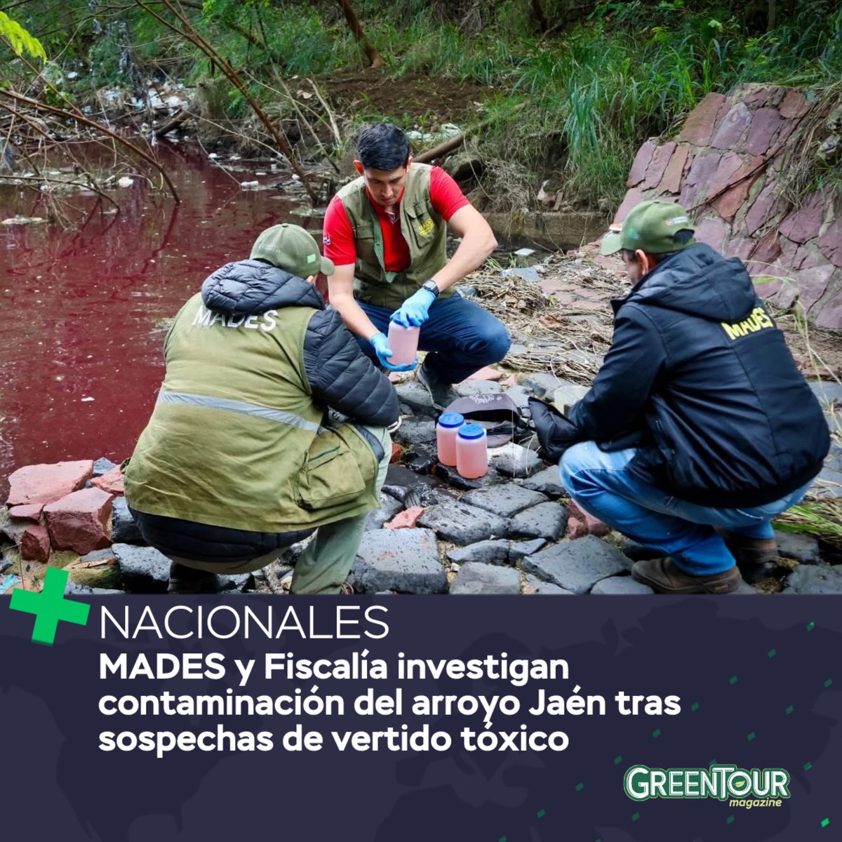 Técnicos del Ministerio del Ambiente y Desarrollo Sostenible (MADES), en conjunto con la fiscal Lorena Ledesma de la Unidad Especializada en Delitos Ambientales, realizaron una intervención en la zona del arroyo Jaén tras la denuncia de una llamativa coloración rojiza en sus