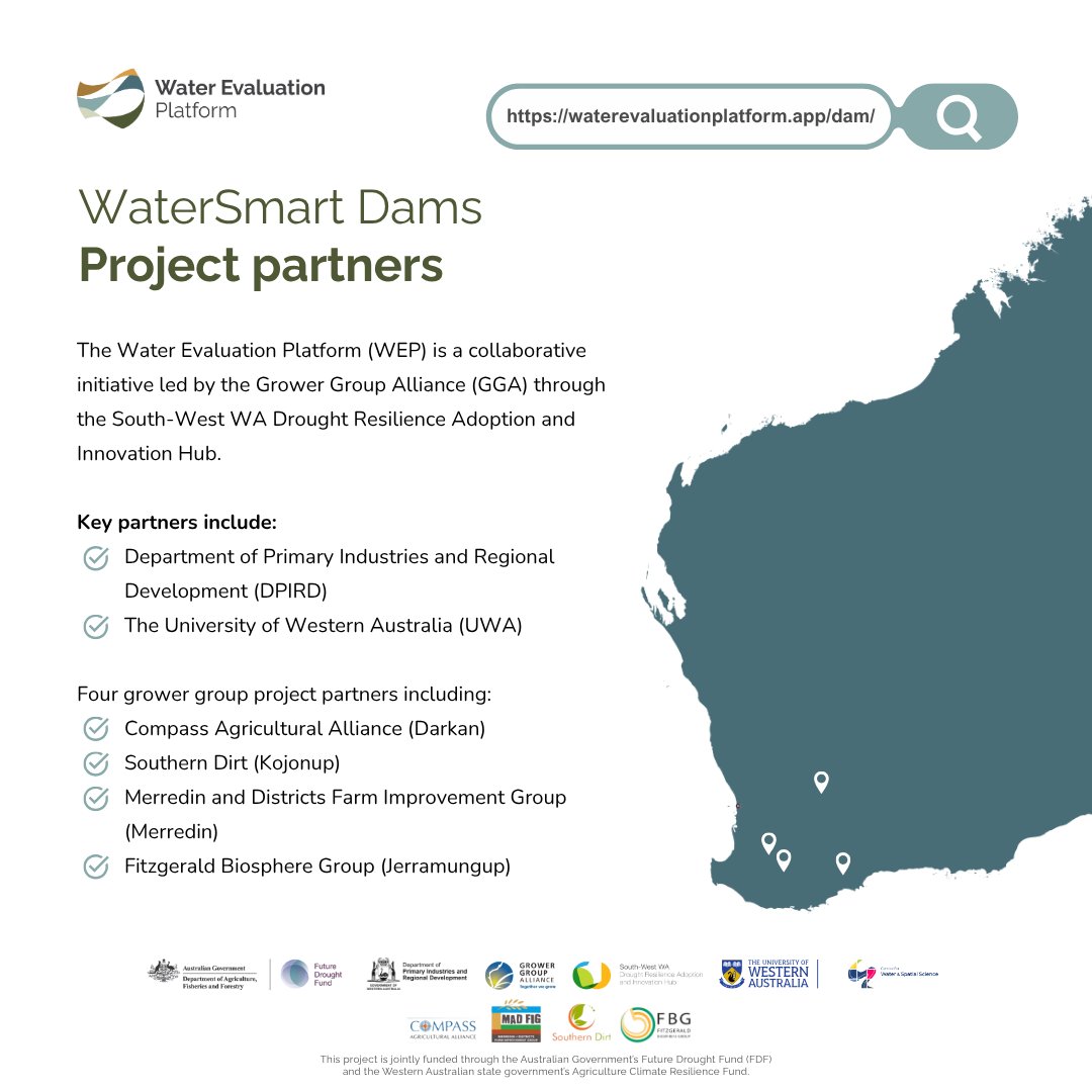 Grower Group Alliance (@gga_wa) on Twitter photo The Water Evaluation Platform is now live! Built with WA grower groups, it helps simulate dam performance, plan with weather data & design cost-effective water solutions.
Learn about the #WaterSmartDams project & WEP
đź”— ow.ly/9ZYF50Weu9v
#SmartDams #WADroughtHub <a href="/CWSS_UWA/">Centre for Water and Spatial Science</a> The Water Evaluation Platform is now live! Built with WA grower groups, it helps simulate dam performance, plan with weather data & design cost-effective water solutions.
Learn about the #WaterSmartDams project & WEP
đź”— ow.ly/9ZYF50Weu9v
#SmartDams #WADroughtHub <a href="/CWSS_UWA/">Centre for Water and Spatial Science</a>