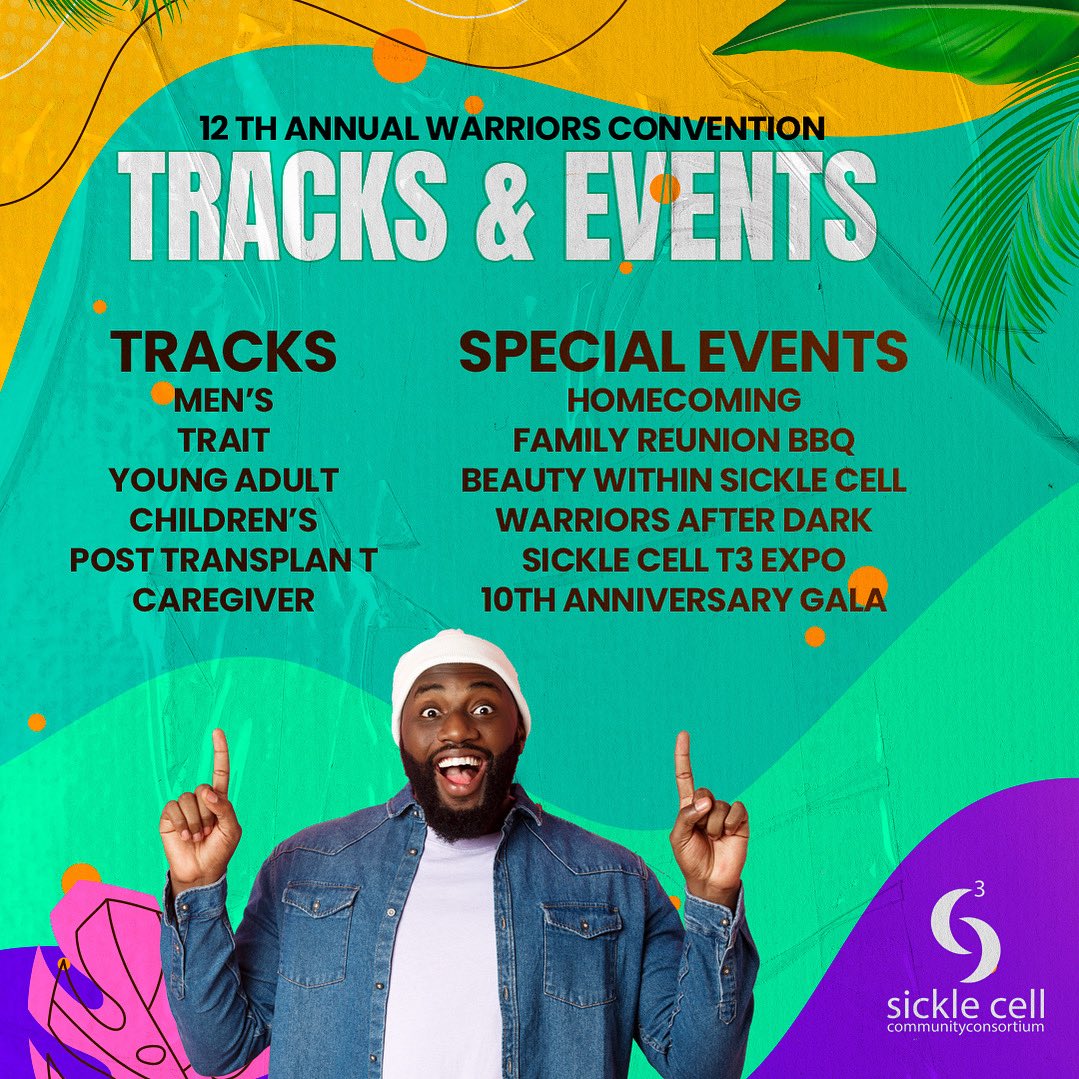 Tracks. Events. Family. 💥
The 12th Annual Warriors Convention has it all July 15–20 in Orlando FL

From Men’s and Caregiver Tracks to the Gala Homecoming BBQ and more
This is the ultimate sickle cell reunion

Register now at sicklecellconvention.org
#SC3WarriorCon25 #SC3Turns10