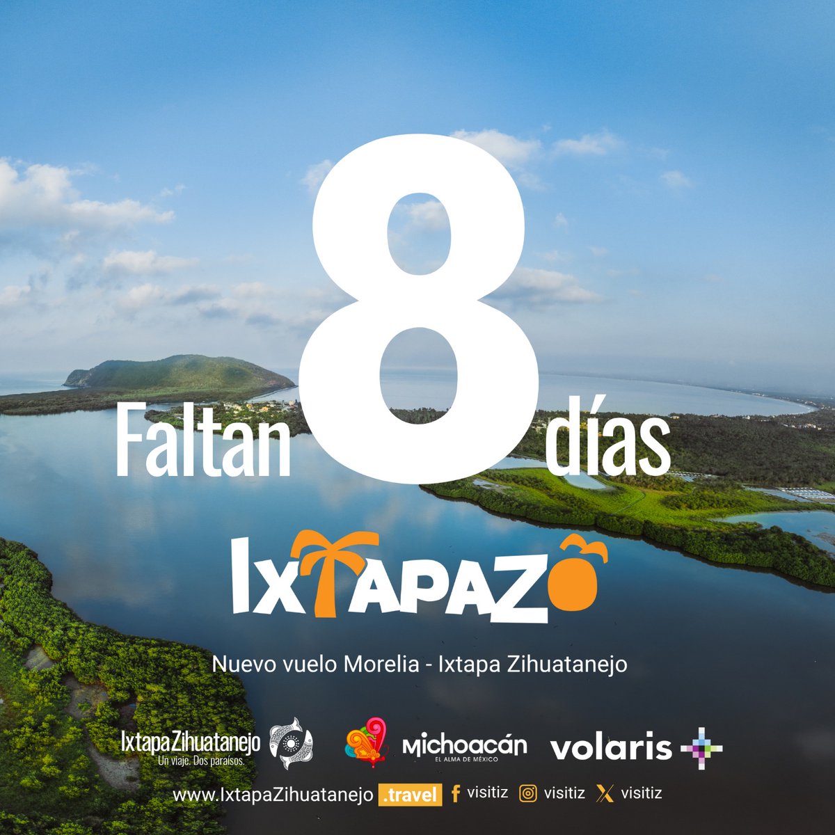 VisitIZ's tweet photo. ¡Faltan 8 días! ✈️🎉
Para dar la bienvenida al primer vuelo de la nueva ruta de Volaris Morelia - Ixtapa Zihuatanejo. Deja lo que estás haciendo y vámonos de #Ixtapazo ☀🌴

#volaris #nuevovuelo #IxtapaZihuatanejo #Morelia https://t.co/C2T0ZmgjAm