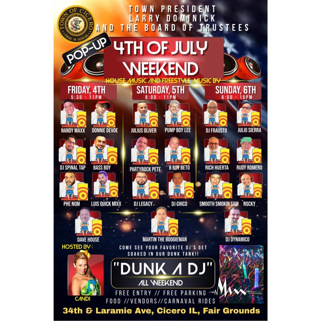 🎉 Cicero Fest 2025!

📅July 3–6 at 34th &amp; Laramie!

🎶 Live music
🎡 Carnival rides
🎧 House &amp; freestyle DJ pop-ups
🍴 Food, raffles &amp; more!
✅ FREE entry &amp; parking

Hosted by President Larry Dominick &amp; the Board of Trustees.

#CiceroFest2025 #CiceroIL #4thOfJulyWeekend