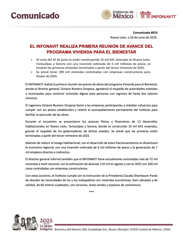 Realizamos la primera reunión de avance de obras del programa #ViviendaParaElBienestar, de la Presidenta <a href="/Claudiashein/">Claudia Sheinbaum Pardo</a>, donde informamos que al cierre del 25 de junio se están construyendo 10 mil 641 viviendas en Nuevo León, Tamaulipas y Sonora, con una inversión estimada de 6