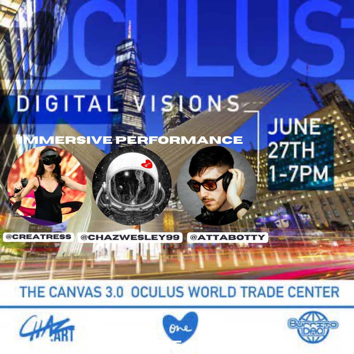 Creatress.Base.Eth🦋 📍San Diego (@creatressart) on Twitter photo Oculus: Digital Visions an exhibition by <a href="/OneLoveArtDAO/">One Love Art DAO</a> x <a href="/BurritoDAO/">BURRITO 🌯</a> x <a href="/chazartco/">chaz.art</a>
Honored to announce I will be performing live with <a href="/Chazwesley99/">ᴄʜᴀᴢ | ᴏɴᴇʟᴏᴠᴇᴅᴀᴏ</a> and <a href="/AttaBotty/">AttaBotty</a> at 4PM and 6 PM⏰
Featuring 360 HDRis by <a href="/maxximillian/">Maxximillian.base.eth 🎹 🎤 Performing 7.26 ✈️ 🏜️</a> <a href="/Da__Nici/">Da__Nici</a> <a href="/TrishgiaArt/">Trisha Gianakis</a> & more!
The Canvas 3.0 · 185 Oculus: Digital Visions an exhibition by <a href="/OneLoveArtDAO/">One Love Art DAO</a> x <a href="/BurritoDAO/">BURRITO 🌯</a> x <a href="/chazartco/">chaz.art</a>
Honored to announce I will be performing live with <a href="/Chazwesley99/">ᴄʜᴀᴢ | ᴏɴᴇʟᴏᴠᴇᴅᴀᴏ</a> and <a href="/AttaBotty/">AttaBotty</a> at 4PM and 6 PM⏰
Featuring 360 HDRis by <a href="/maxximillian/">Maxximillian.base.eth 🎹 🎤 Performing 7.26 ✈️ 🏜️</a> <a href="/Da__Nici/">Da__Nici</a> <a href="/TrishgiaArt/">Trisha Gianakis</a> & more!
The Canvas 3.0 · 185